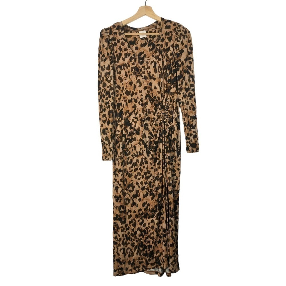 Cabi Selma Brown Animal Print Cinched Waist Long Sleeve Midi Dress‎ S #4216